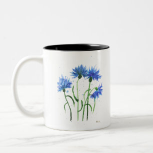 Taza Bicolor Flores de cordón flores azules acuarela rústico mo