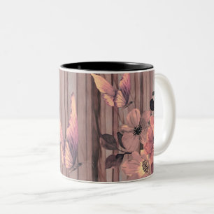 Taza Bicolor Flores de madera rústica y mariposas