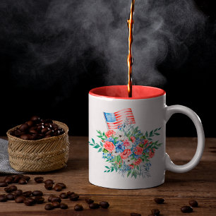 Taza Bicolor Flores de Monograma Rojo Blanco y Azul 4 de Julio