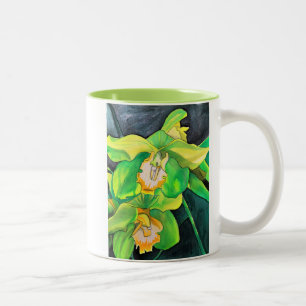 Taza Bicolor Flores de orquídea arte verde y amarillo