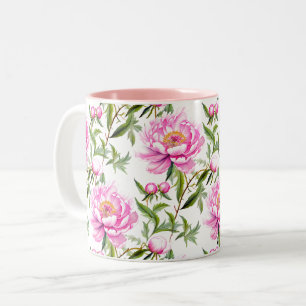 Taza Bicolor Flores de peones rosados con hojas verdes sabrosas