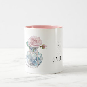 Taza Bicolor Flores de Rosa Rosa Florero Azul