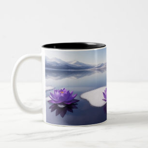 Taza Bicolor Flores moradas de Lotus en un lago invernal.