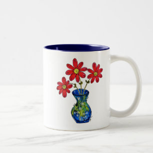 Taza Bicolor Flores rojas caprichosas en la malla azul