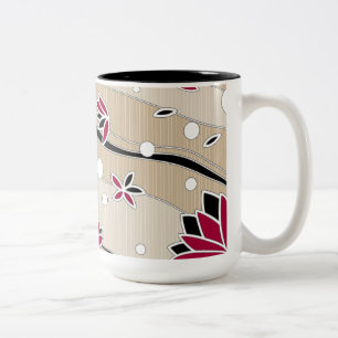 Taza Bicolor Flores rojas vintage de Lotus en rayas beiges