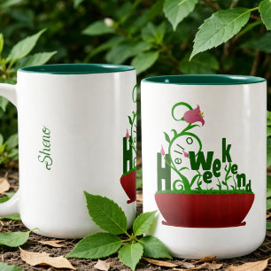Taza Bicolor Flores rosadas y enredaderas texto en negrita