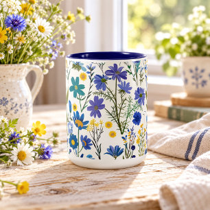 Taza Bicolor Flores silvestres azules rústicas francesas de jar