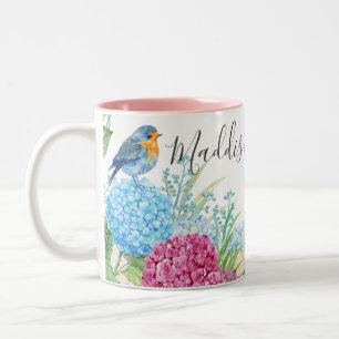 Taza Bicolor Flores silvestres con hidrangea de aves acuarela f