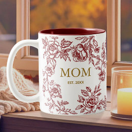Taza Bicolor Flores Vintage Toile De Jouy Rojo Día de la Madre 