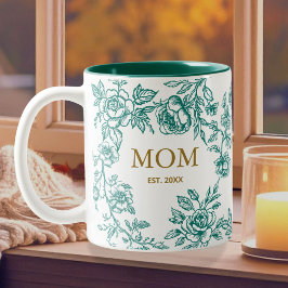 Taza Bicolor Flores Vintage Toile De Jouy Verde Día de la Madre