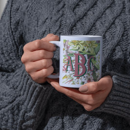 Taza Bicolor Flores vírgenes botánicas monogramo rosadas y verd