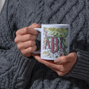 Taza Bicolor Flores vírgenes botánicas monogramo rosadas y verd