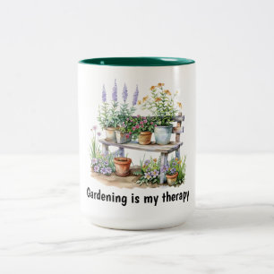 Taza Bicolor Flores y banco de madera