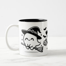 Taza Bicolor Flying Ghost Witch on Broom Halloween Mug | Double