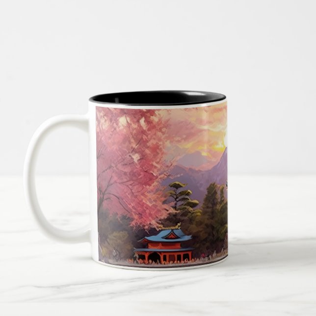 Taza Bicolor Fondo del paisaje japonés acuarela (Izquierda)