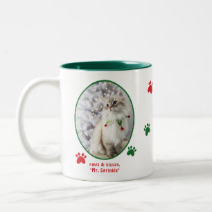 Taza Bicolor Foto de gato festivo de Navidad lindo amante de ga