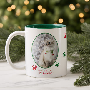 Taza Bicolor Foto de gato festivo de Navidad lindo amante de ga