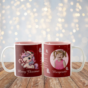 Taza Bicolor Foto de niña unicornio mágico de Navidad de color