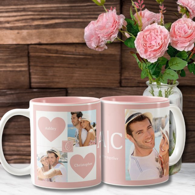 Taza Bicolor Foto de parejas personalizados (Better together blush pink photo mug for couples romantic gift Valentines day wedding anniversary)