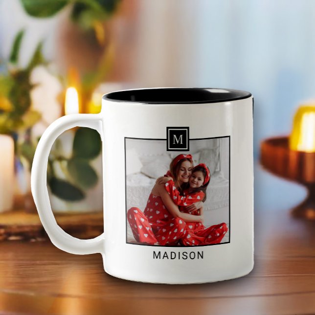 Taza Bicolor Foto moderna en monograma (A perfect gift for holidays or birthdays. Surprise your loved one with a monogrammed mug)