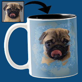 Taza Bicolor Fotografía única de Perro de Pug Gris Azul Grunge