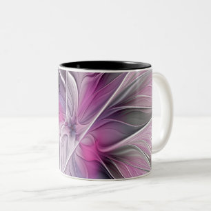 Taza Bicolor Fractal Floral Moderno Abstracto Flor Rosa Gris