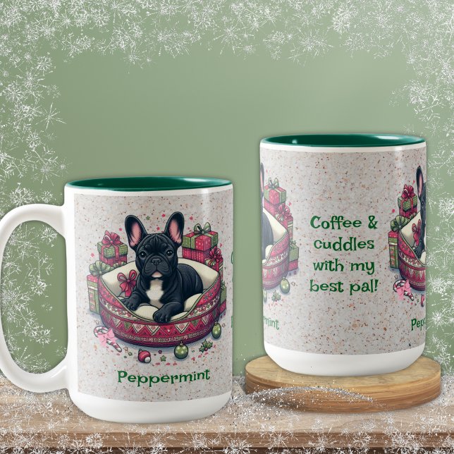 Taza Bicolor Frenquia negra, amontonada en cama de Navidad (Subido por el creador)