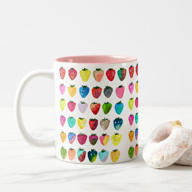 Taza Bicolor Fresa dulzura linda fruta acuarela (Con donut)