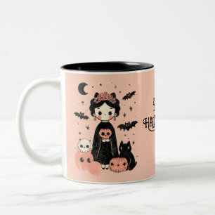 Taza Bicolor Frida Kahlo Pink Pasteloween Feliz Halloween