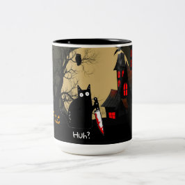 Taza Bicolor Funny Cat With Knife Custom Text Halloween Mug