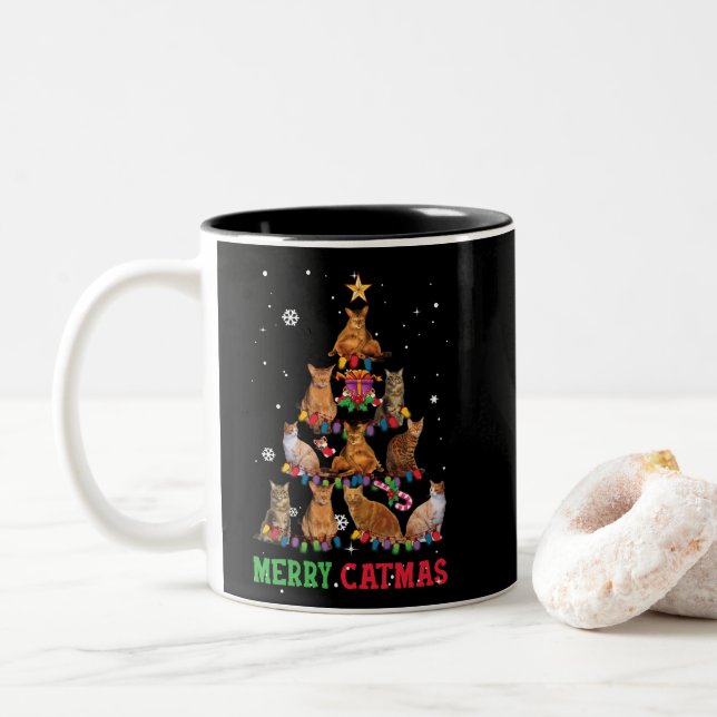 Taza Bicolor Funny Christmas Cat Meowy Catmas Xmas Tree (Con donut)
