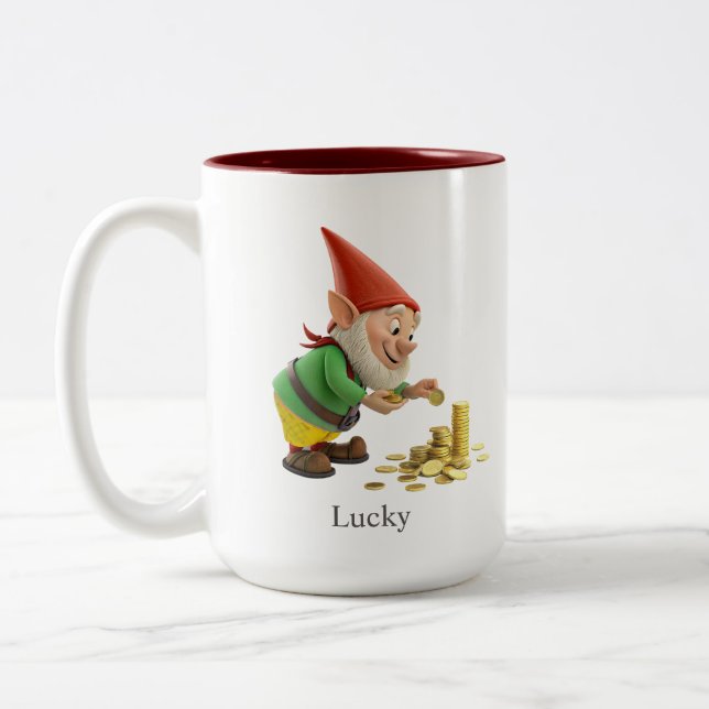Taza Bicolor Funny Gnome, Gold Coins, Calligraphy & Monogram (Izquierda)