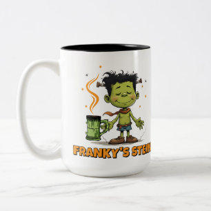 Taza Bicolor Funny Halloween Franky con el café al vapor