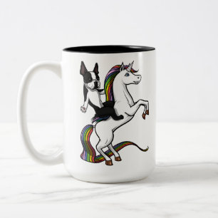 Taza Bicolor Funny Perro Terrier de Boston montando Unicorn