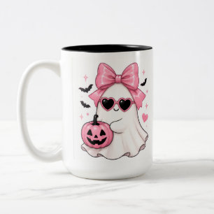 Taza Bicolor Gafas de sol con corazón de fantasma con lazo rosa