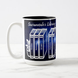 Taza Bicolor Galaxia azul de la biblioteca de títulos de libros