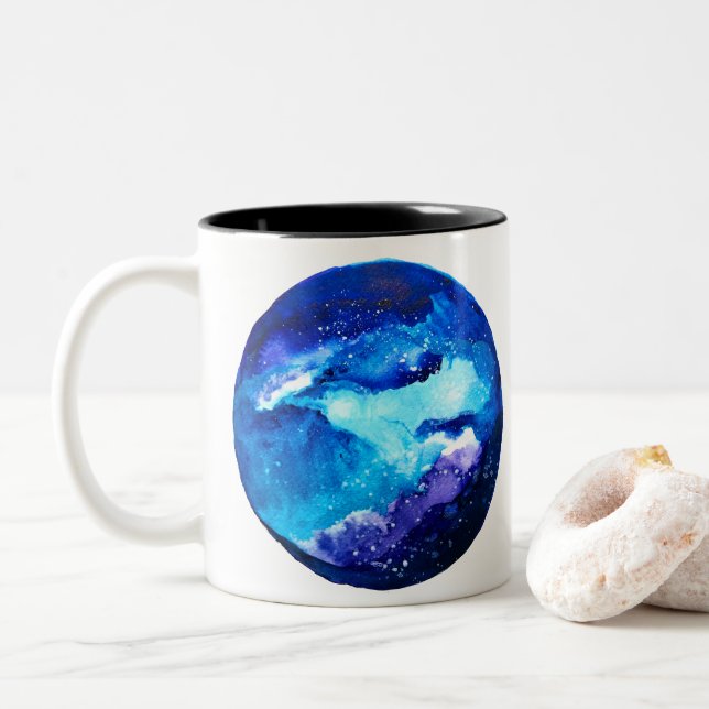 Taza Bicolor Galaxia nebulosa del planeta azul acuarela (Con donut)