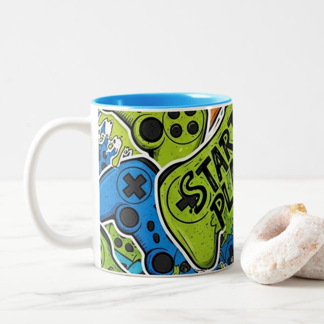 Taza Bicolor Gamer Pattern Coffee Mug (Con donut)