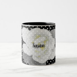 Taza Bicolor Gardenia blanca Flor Polka blanco negro punto