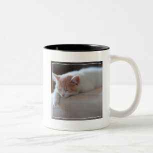 Taza Bicolor Gatito beige y blanco cansado