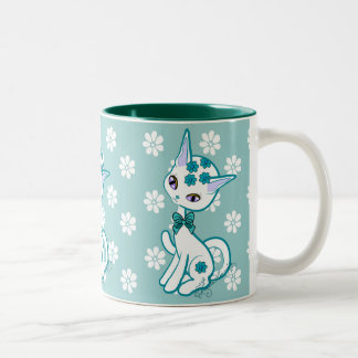 Taza Bicolor Gatito Femenino Lindo Azul Acuático