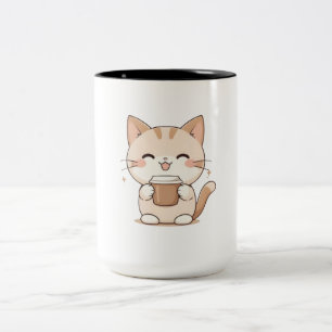 Taza Bicolor Gato Adorable Bebiendo Café Diseño Kawaii