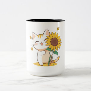 Taza Bicolor Gato Adorable con Diseño Kawaii de Girasol