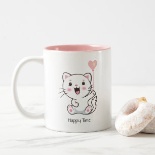 Taza Bicolor Gato adorable y feliz sosteniendo un globo