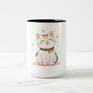 Taza Bicolor Gato Afortunado con Diseño Kawaii de Estrellas
