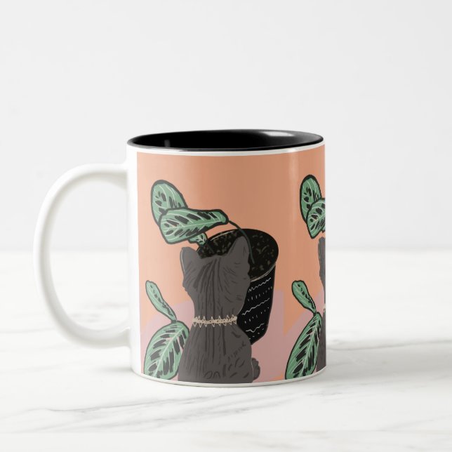 Taza Bicolor Gato Atigrado Gris Plantas  (Izquierda)