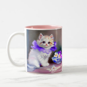 Taza Bicolor Gato blanco con pintura de cuello de flores morada