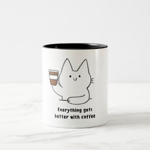 Taza Bicolor Gato blanco Todo mejora con el café