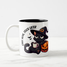 Taza Bicolor Gato bruja lindo y relajante & Calabaza Halloween 