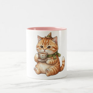Taza Bicolor Gato brujo lindo bebiendo té Acuarela vintage Ar